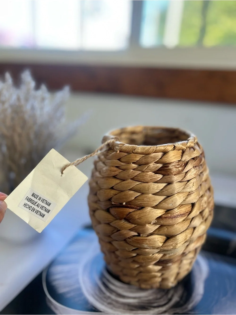 Natural Woven Accent Vase - Brown Small Rattan Vase for Flowers, Rustic Deco